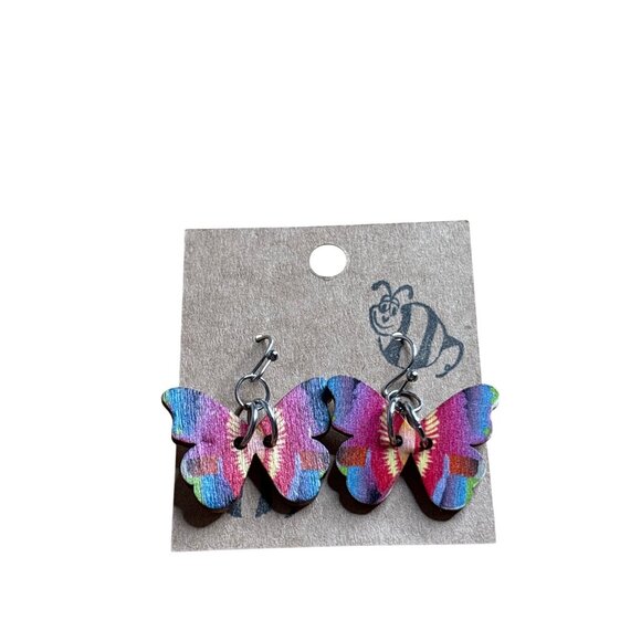 Colorful Printed Wooden Butterfly Dangle Earrings Silvertone Hooks 1 inch - Picture 1 of 3